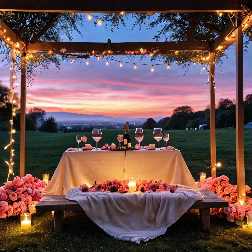 A beautifully set outdoor picnic scene under a canopy of twinkling fairy lights, featuring a cozy blanket adorned with roses and candles, two wine glasses filled with sparkling pink champagne, and an inviting spread of gourmet cheese and fruits. In the background, a soft sunset paints the sky in vibrant hues of orange and pink, adding a dreamy atmosphere to the romantic setting. super-realistic. vibrant colors. warm lighting.