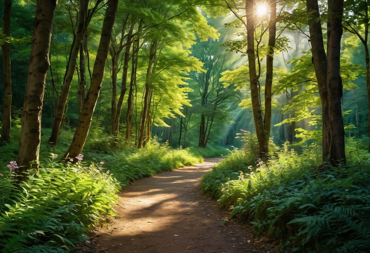 A serene pathway through a lush, vibrant forest, with dappled sunlight filtering through the leaves, symbolizing a journey to joy. Include a diverse group of people sharing laughter and holding hands, embodying togetherness and blissful moments. The scene should evoke feelings of tranquility and happiness, with blooming flowers along the path and soft, ethereal lights. soft painting style. vibrant colors. harmonious atmosphere.